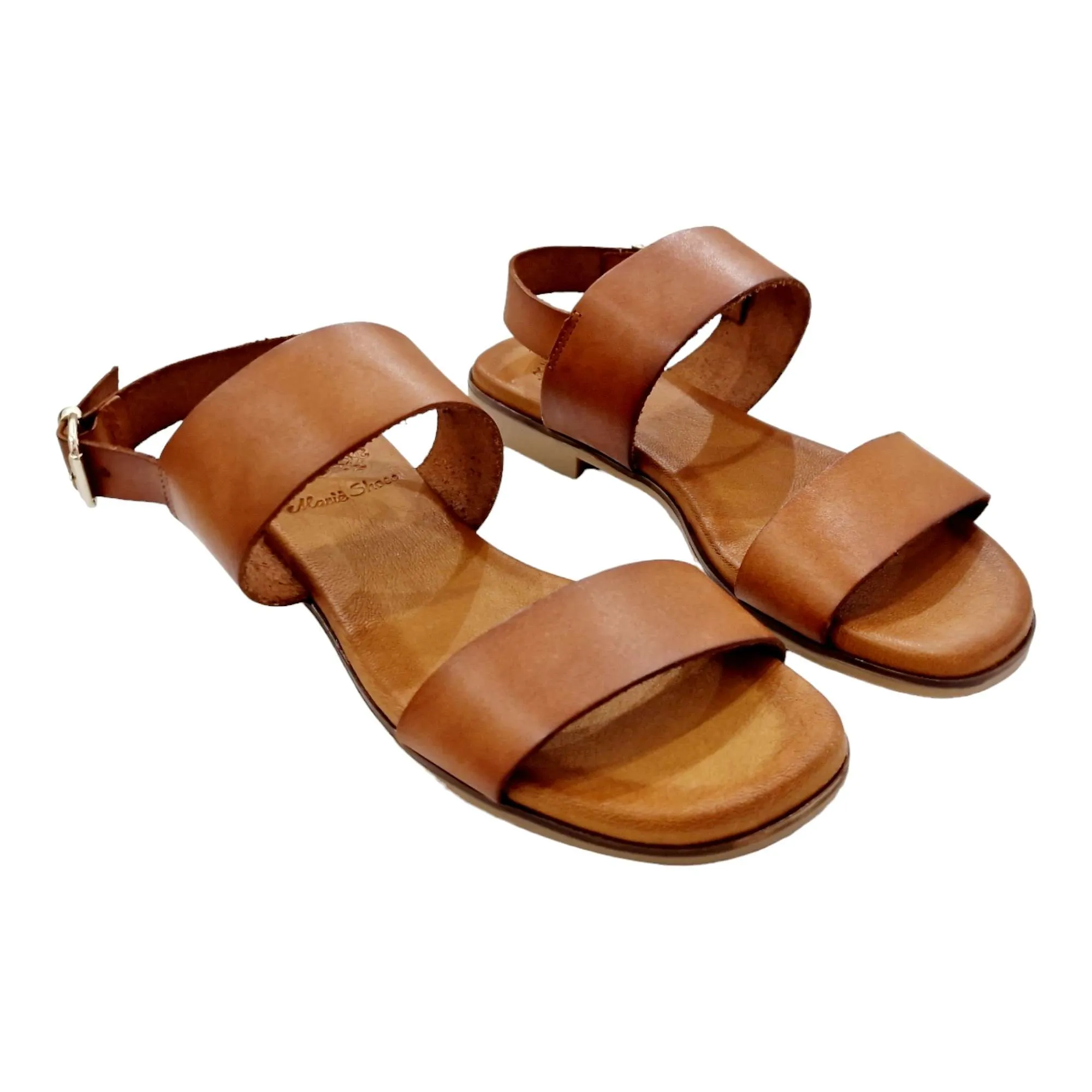 SANDALIAS MUJER PLANAS DOS TIRAS Y TALÓN CUERO CUERO