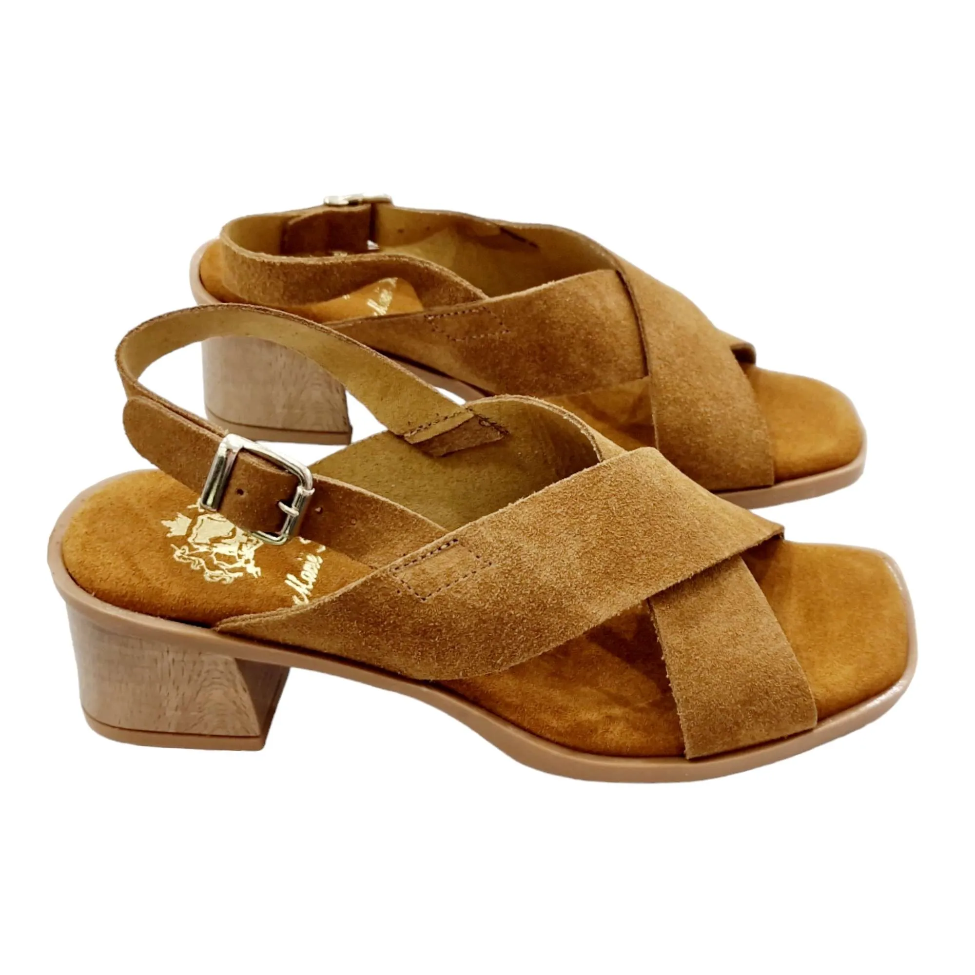 SANDALIAS TACÓN BAJO CRUZADAS SERRAJE CUERO Y TALÓN CUERO