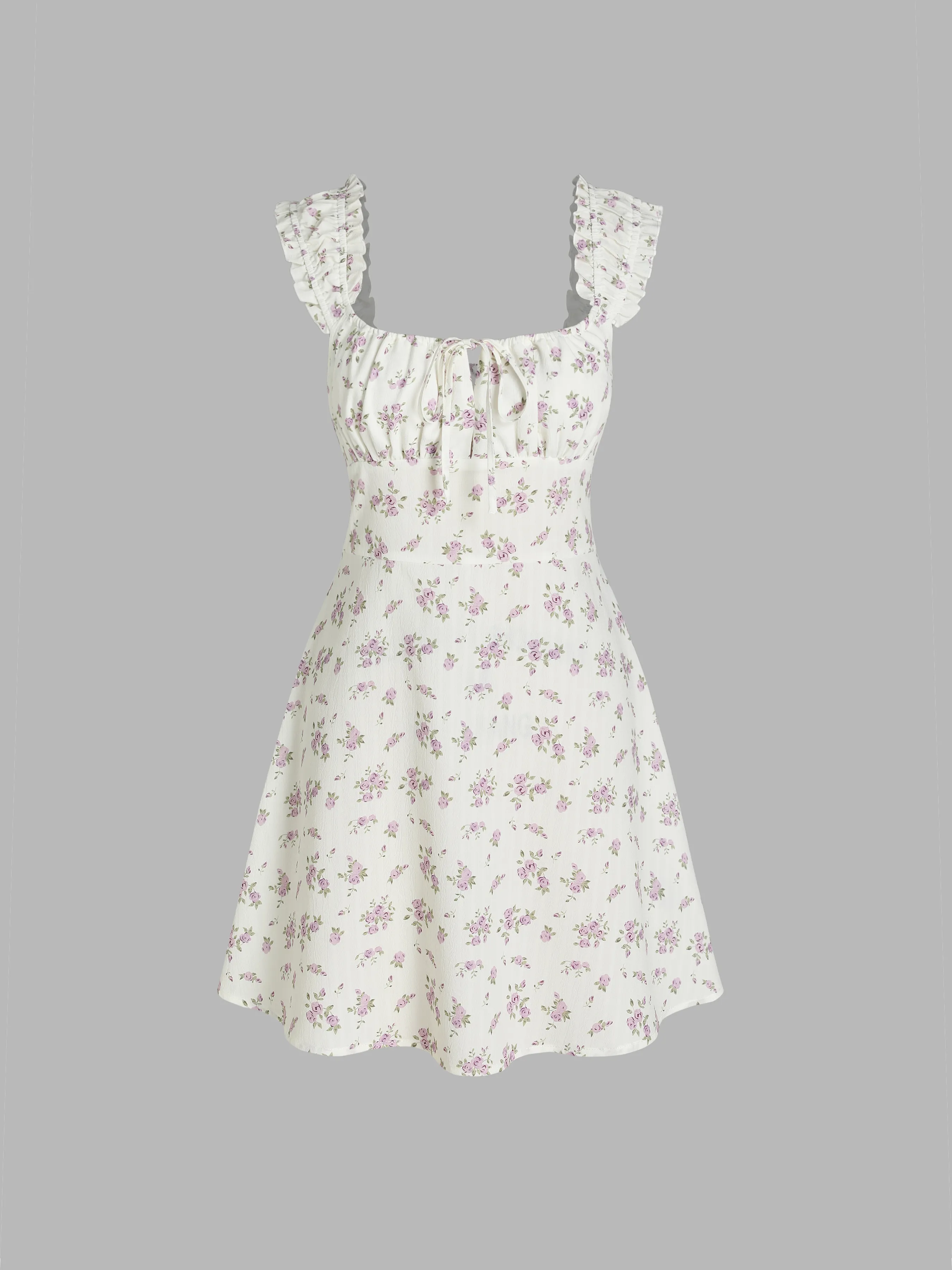 Vestido Mini Fruncido con Cordón y Escote Cuadrado de Flores Pequeñas