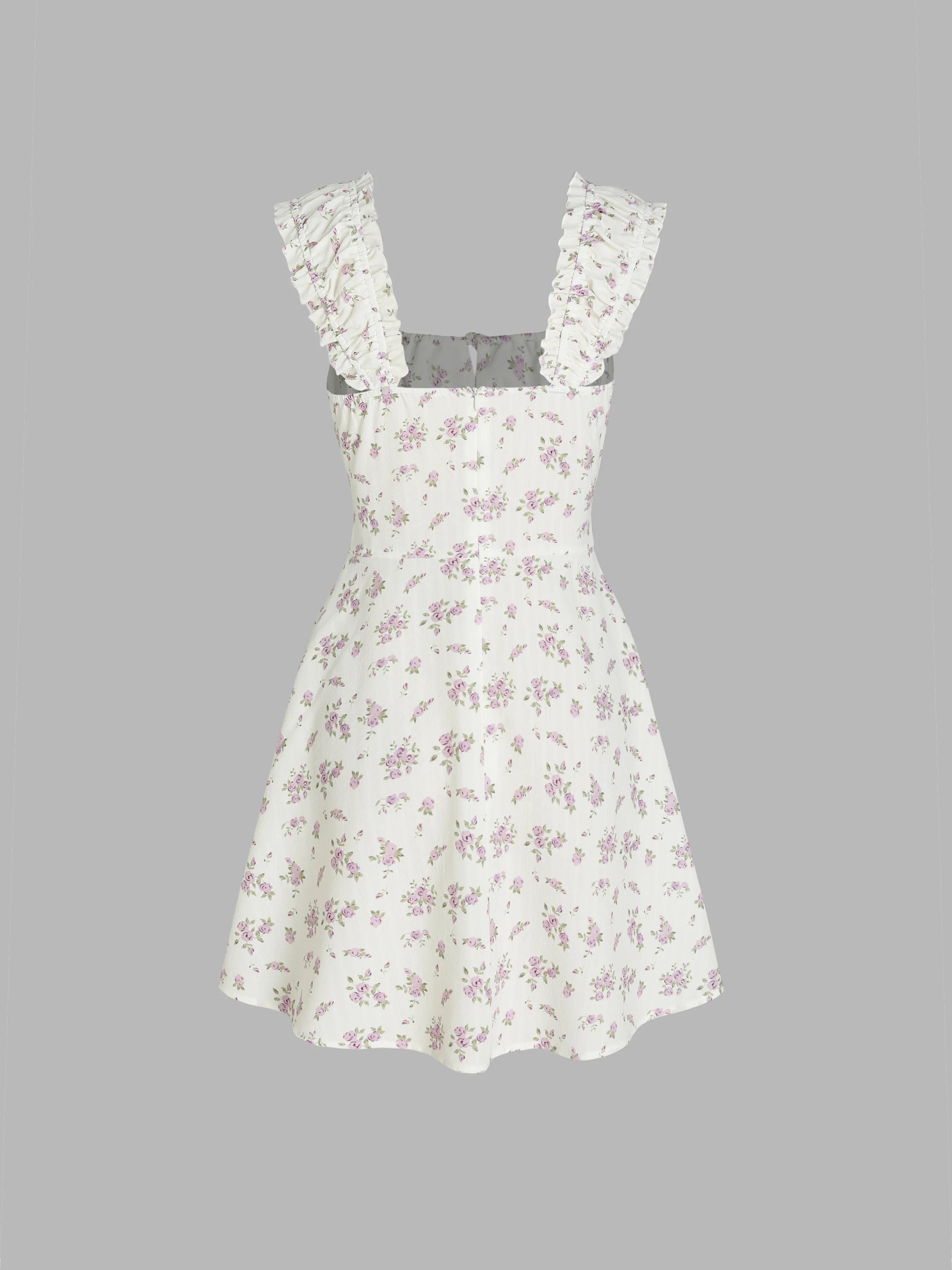 Vestido Mini Fruncido con Cordón y Escote Cuadrado de Flores Pequeñas