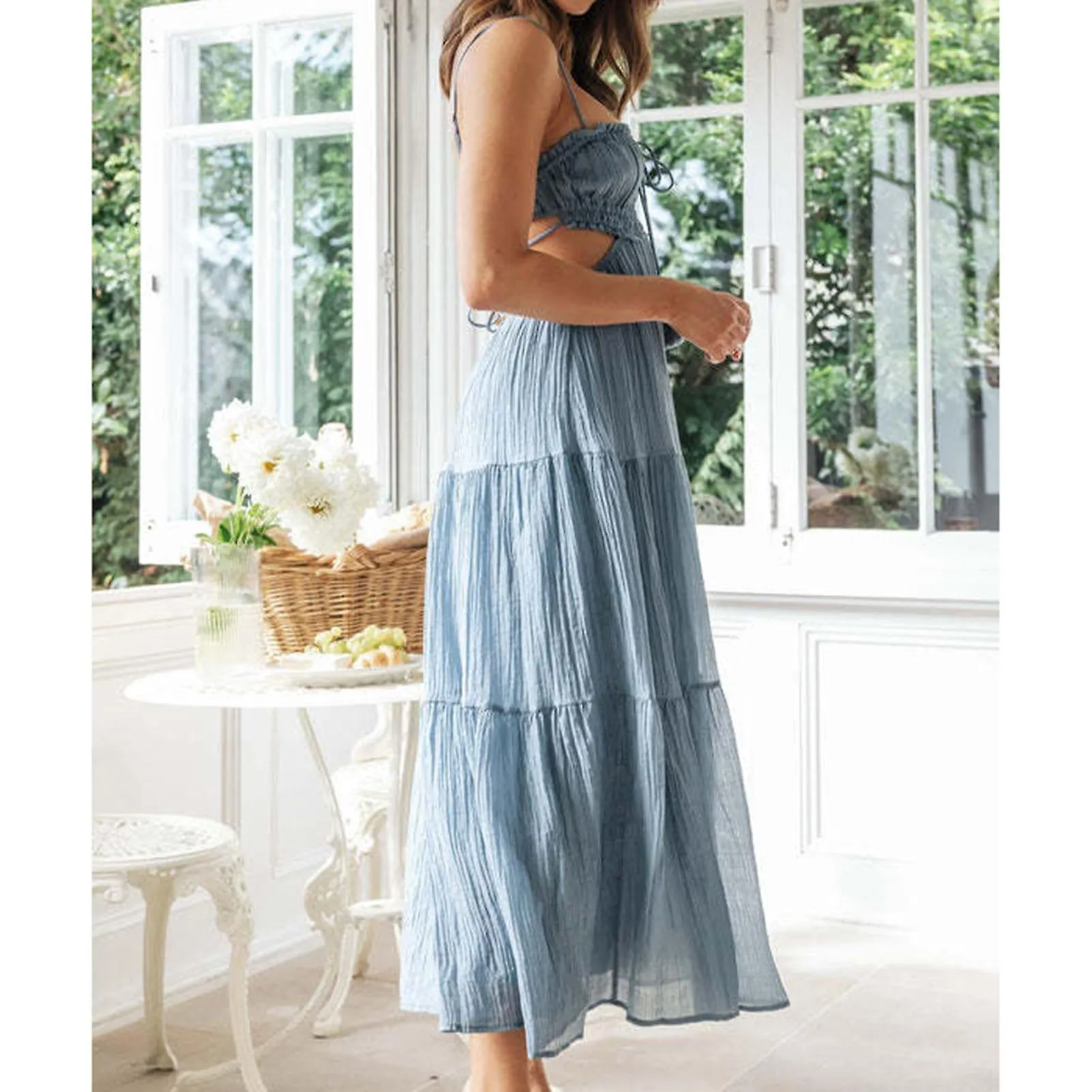 Women Elegant Summer Dresses Y2k Square Neck Lace Trim Long Dress  Exquisite Gift For Ladies Birthday