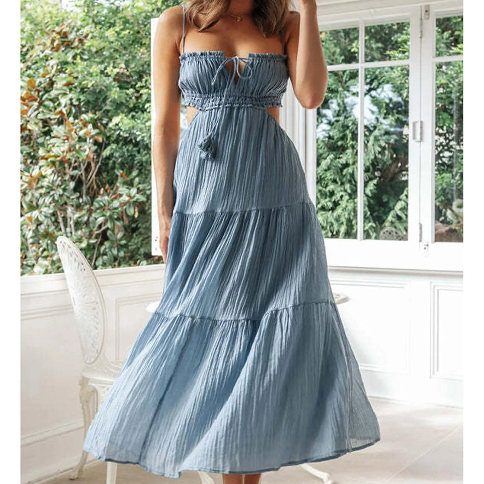 Women Elegant Summer Dresses Y2k Square Neck Lace Trim Long Dress  Exquisite Gift For Ladies Birthday